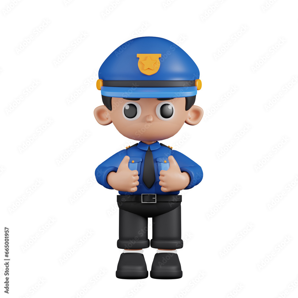 3d Character Policeman Showing Thumbs Up Pose. 3d render isolated on transparent backdrop.