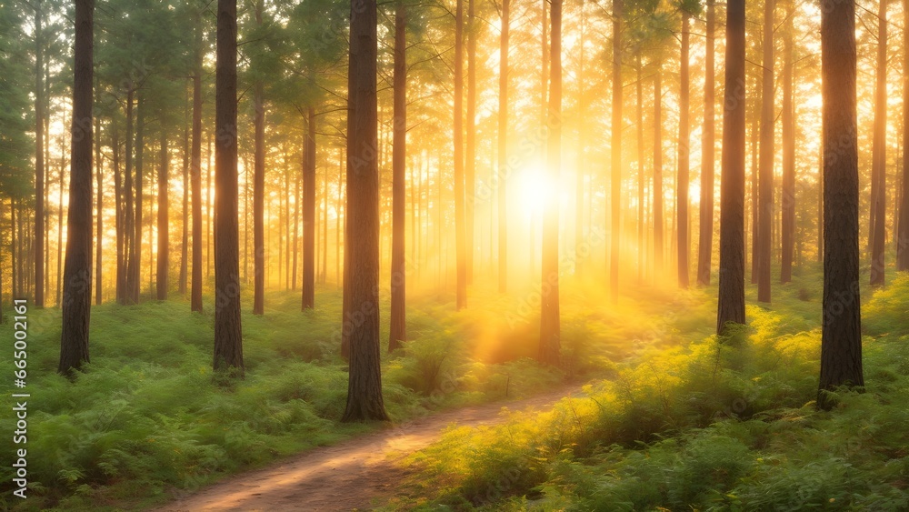 Morning in the forest. Sunrise in the forest landscape.