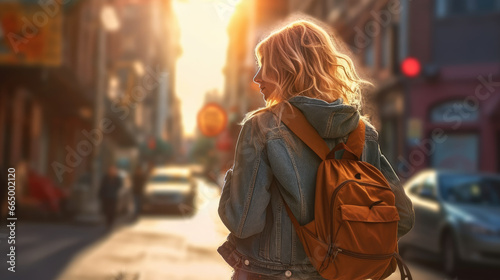 Back view photo of Girl with backpack on city street with sunlight