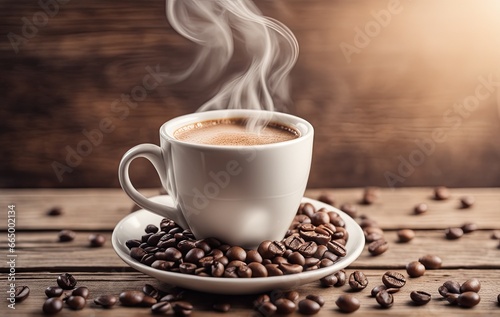 Light photo  in white and beige tones. Cup of hot coffee with steam on a wooden background. Coffee beans. Cozy homely atmosphere in pastel colors. This photo was generated using Playground AI