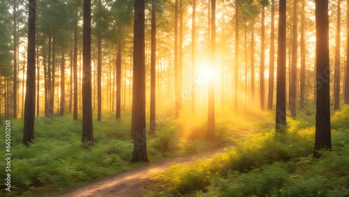 Morning in the forest. Sunrise in the forest landscape.