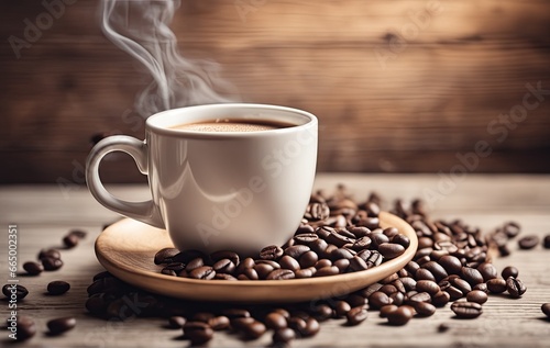 Light photo, in white and beige tones. Cup of hot coffee with steam on a wooden background. Coffee beans. Cozy homely atmosphere in pastel colors. This photo was generated using Playground AI © Lena_Fotostocker