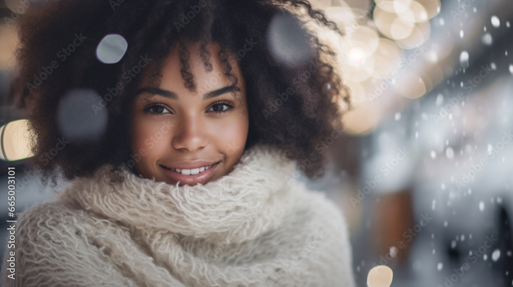 Smiling black woman in the snow, wrapped in a white scarf, radiates warmth and joy amidst the winter wonderland. Smiling black woman in the snow, wrapped in a white scarf, radiates warmth and joy amidst the winter wonderland.