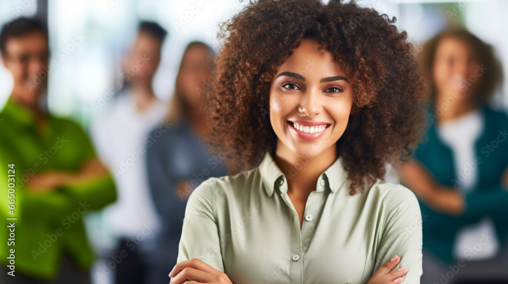 Smiling young woman, possibly of African descent, shines in a group gathering, exuding joy and positivity.