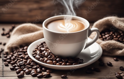 Light photo, in white and beige tones. Cup of hot coffee with steam on a wooden background. Coffee beans. Cozy homely atmosphere in pastel colors. This photo was generated using Playground AI
