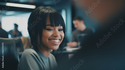 Happy black woman in an office setting, radiating contentment and professionalism amid chairs and workplace items.
