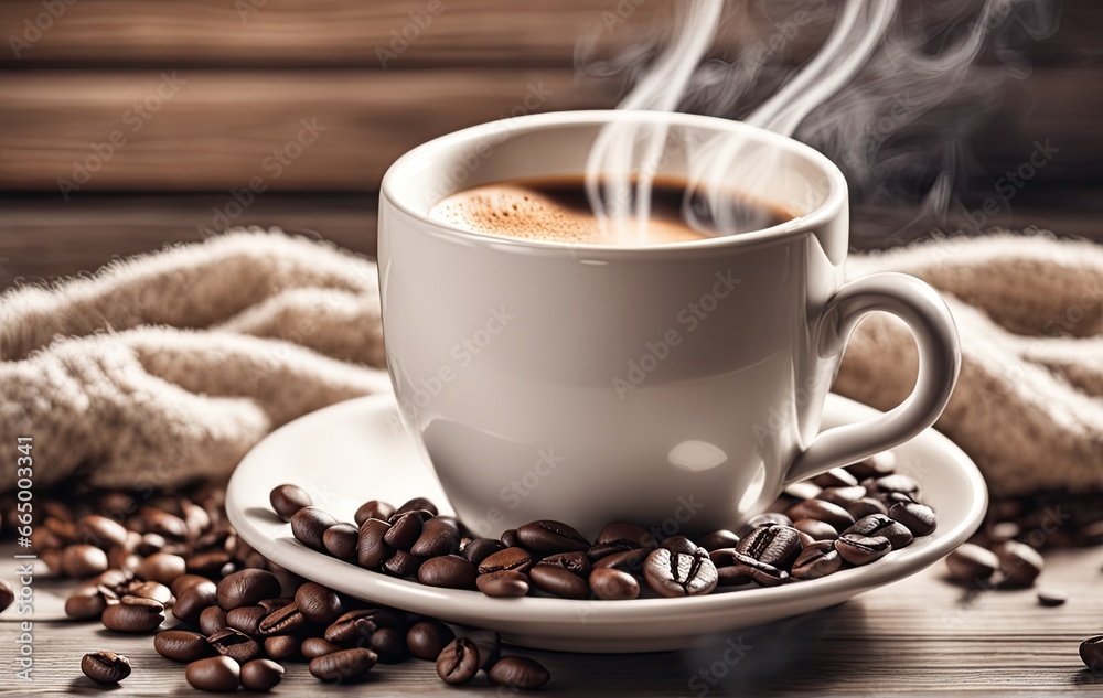 Light photo, in white and beige tones. Cup of hot coffee with steam on a wooden background. Coffee beans. Cozy homely atmosphere in pastel colors. This photo was generated using Playground AI