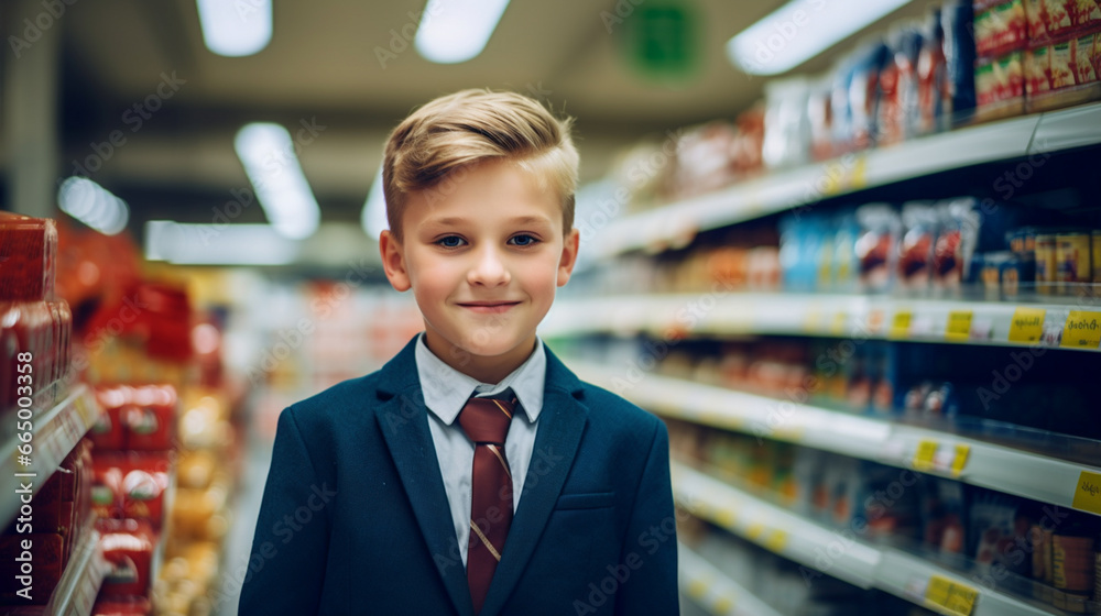 A well-dressed young boy beams with joy in a fully stocked grocery store, enjoying a shopping