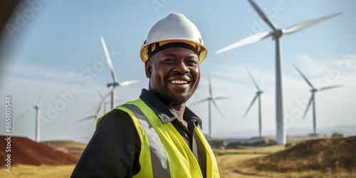 African engineer man working on a windmill farm, generative ai