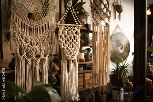 A domestic room decorated with macrame hangings. Created with Generative AI. photo
