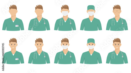 Male doctor avatar in green uniform. Faceless style flat illustration set.