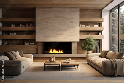 Scandinavian home interior design of modern living room. Large fireplace, cosy seating area.