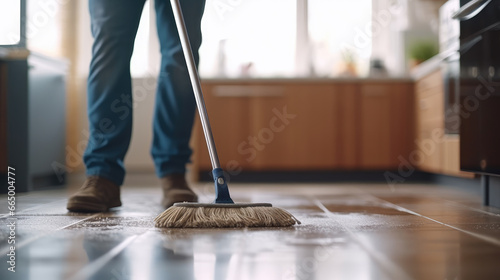 Close-up of a young man's hands gripping a mop as he skillfully cleans the floor of a contemporary kitchen