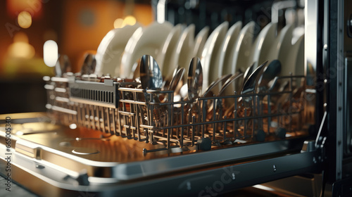 Close-up view of an industrial dishwasher hard at work, ensuring spotless cleanliness for dishes and silverware
