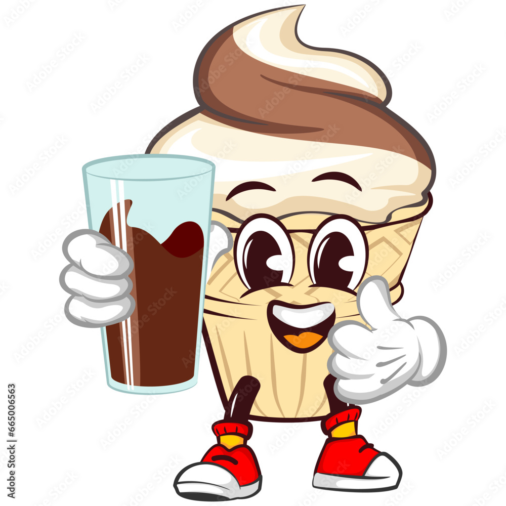 Ice cream character mascot with funny face with glass of chocolate, isolated cartoon vector illustration. emoticon, cute ice cream cone mascot