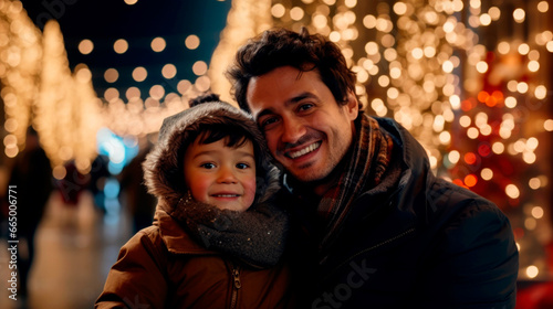 Little boy and his father having wonderful time on Xmas market. Christmas market in the big city. Ai generated