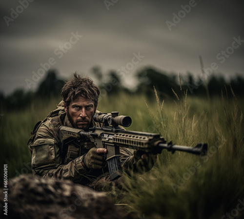 Solider with a sniper rifle hiding in the grass