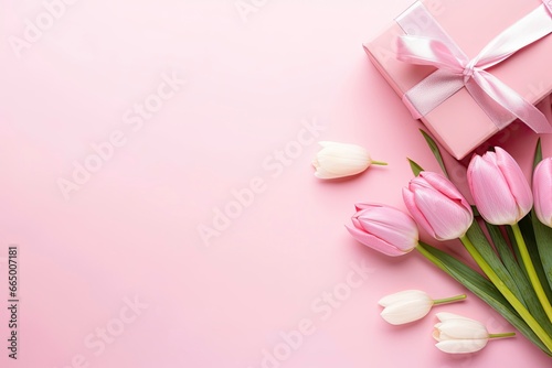 Pink gift box with ribbon bow and bouquet of tulips on isolated pastel pink background.