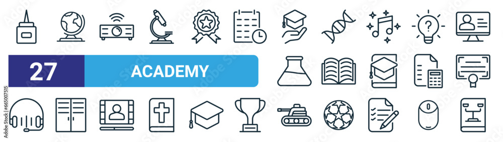 set of 27 outline web academy icons such as liquid glue, geography ...