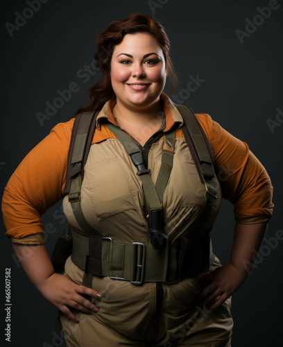 Beautiful, voluptuous redhead wearing coveralls smiling with her hands on her hips, Wonderwoman pose