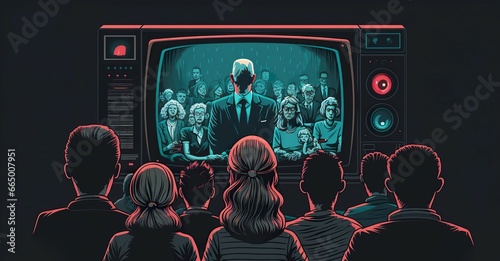People crowd watching TV. TV addiction, propaganda and fake news concept. photo
