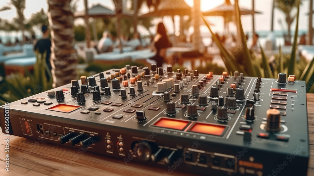 Close - up of Dj console with beers and cocktails at the beach party Close - up of Dj console with beers and cocktails at the beach party