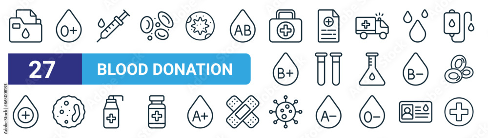 set of 27 outline web blood donation icons such as medical folder ...