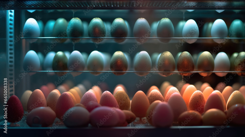 A collection of eggs is undergoing the incubation process A collection of eggs is undergoing the incubation process