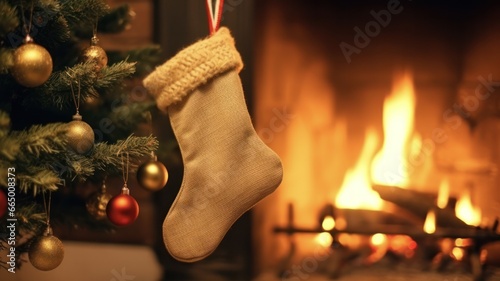 Cozy Burlap Christmas Stocking Background with Festive Decorations