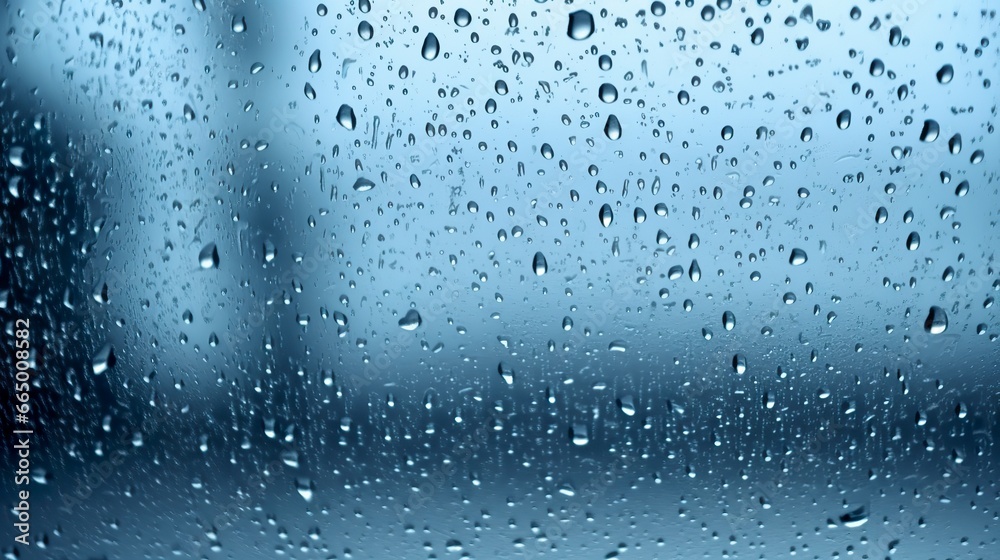 Raindrops on the window. Blue tone.