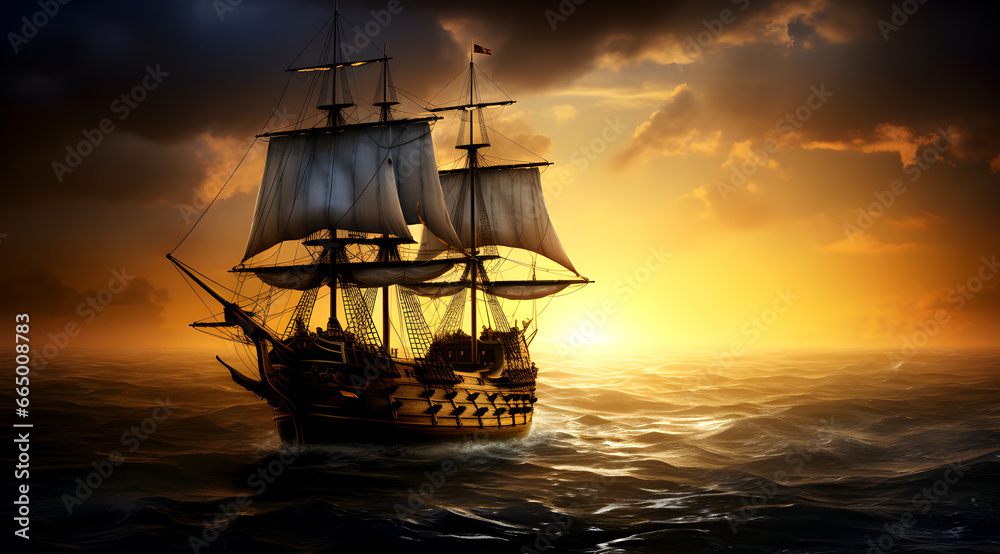 Sailing ship sailing in the calm sea during sunrise background