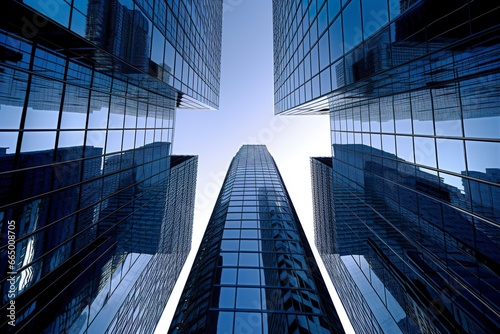 Reflective skyscrapers, business office buildings.