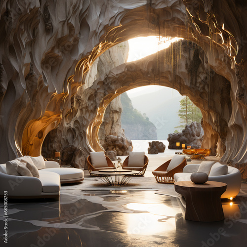 A natural stone archway with couches and chairs outside, in the style of fluid abstraction, spectacular backdrops, layered surfaces, wavy resin sheets, porcelain, expansive spaces, AI Generative photo