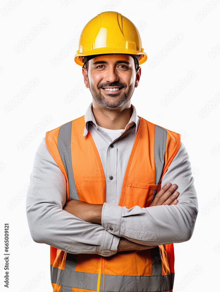 Bricklayer posing with satisfaction isolated on white background. AI generative. Bricklayer posing with satisfaction isolated on white background. AI generative.