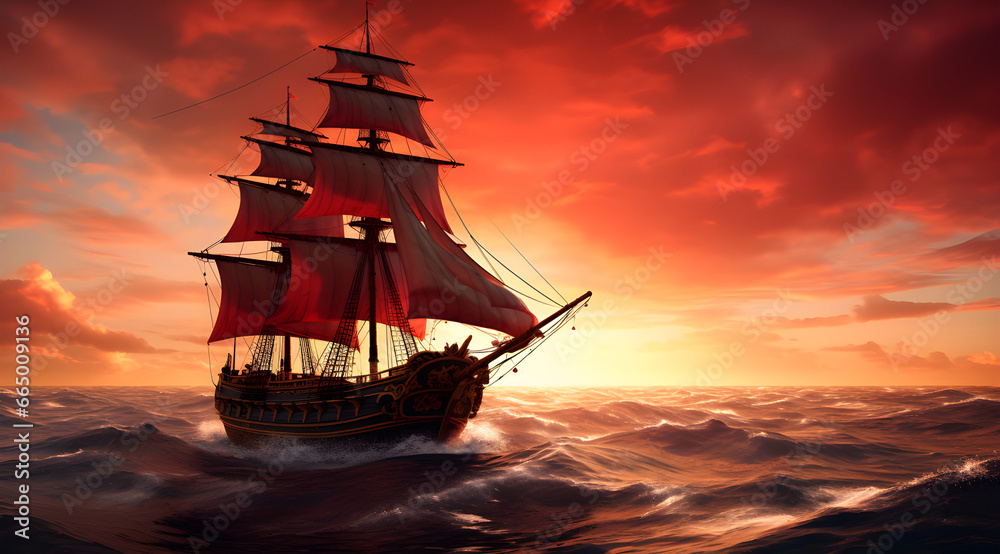sailing ship sailing in the calm sea during sunset background