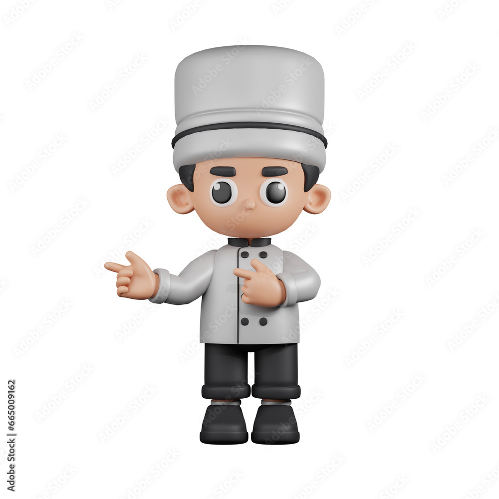 3d Character Chef Pointing Fingers In Direction Pose. 3d render isolated on transparent backdrop. 3d Character Chef Pointing Fingers In Direction Pose. 3d render isolated on transparent backdrop.