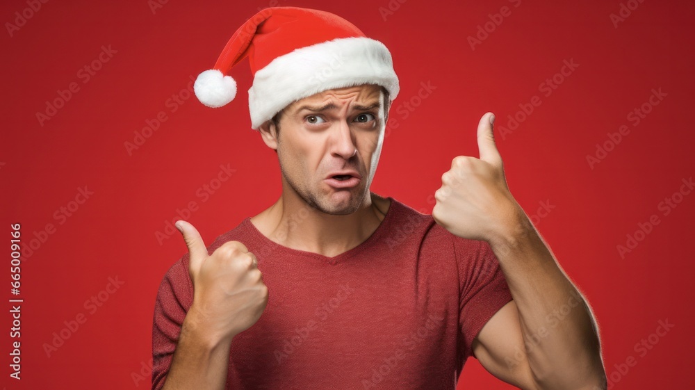 Man in santa claus hat showing thumbs up with sad disgusted face Man in santa claus hat showing thumbs up with sad disgusted face