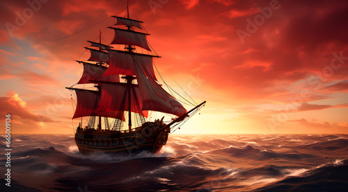 sailing ship sailing in the calm sea during sunset background