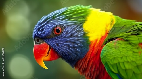 Side view Closeup of beautiful and colorful Lorikeet Green naped bird. © MKhalid