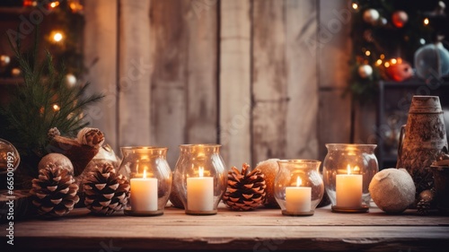 Hygge Christmas Atmosphere  Rustic Scandinavian Room with Burning Candles  Pine Trees  and Modern Decorations