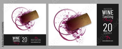Illustration with wine bottle cork stopper and red wine stains. Wine banners templates