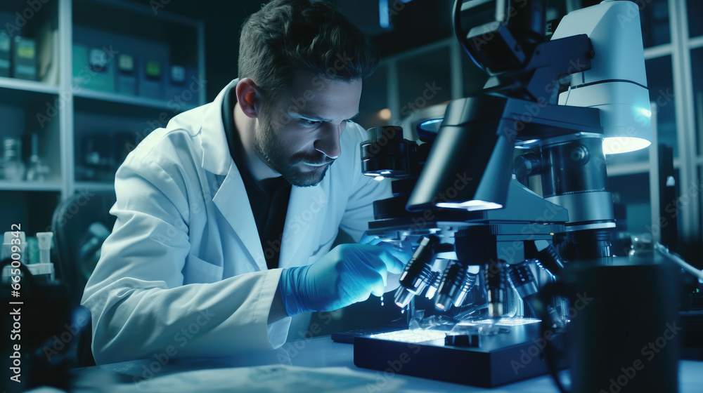 A dedicated researcher is carefully using a powerful microscope to examine a dangerous pathogen A dedicated researcher is carefully using a powerful microscope to examine a dangerous pathogen