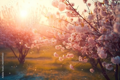 Spring blossom background. Nature scene with blooming tree and sun flare.