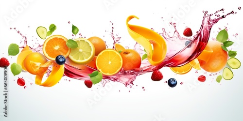 Swirl water splash with fruits. liquid flow with ice cubes and a mix of fresh fruits.