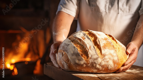 Man is holding fresh rye wheat loaf of bread Closeup on bakery background