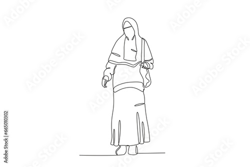 A young woman wearing a hijab and veil. Niqab one-line drawing