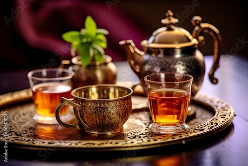Traditional Moroccan tea set with decorative teapots, glasses, and mint leaves.