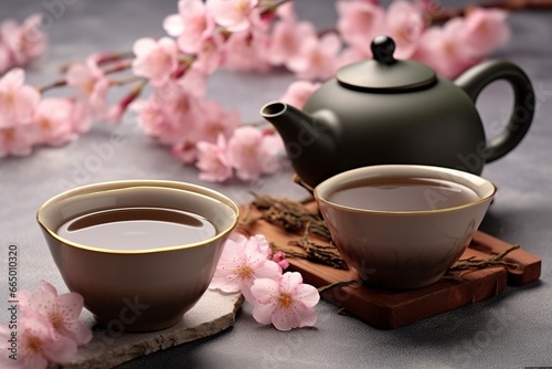 Traditional ceremony. Cups of brewed tea  teapot and sakura flowers on grey table.