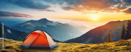 Camping tent high in mountains. adventure concept. wide banner