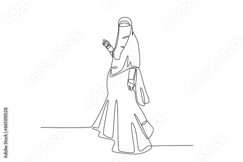 A woman posing wearing a niqab. Niqab one-line drawing